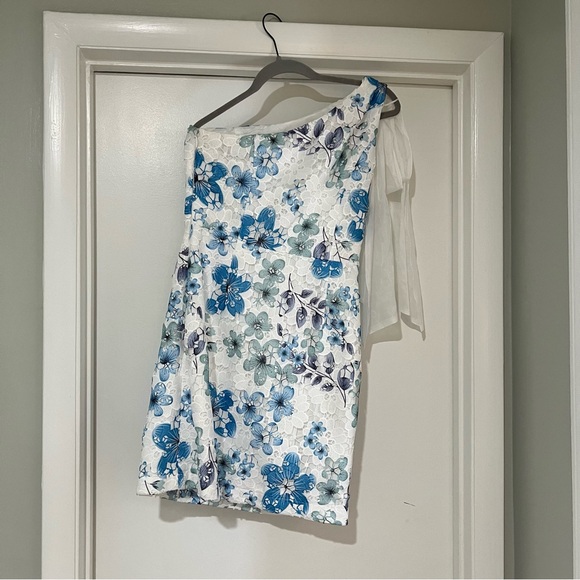 Blue/White Embroidered One Shoulder Mini Dress - Picture 7 of 9